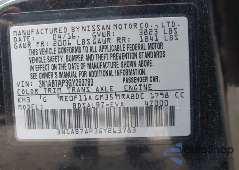 2016 Nissan Sentra Fe+ S/S/Sl/Sr/Sv z USA, uszkodzony, nr VIN 3N1AB7AP3GY263783